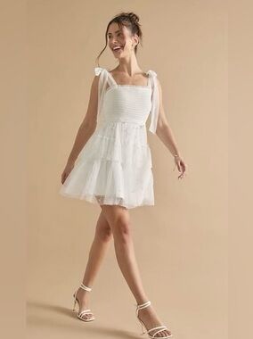 Francesca's Collections White Tie-Shoulder Tulle Pearl Mini Dress Medium